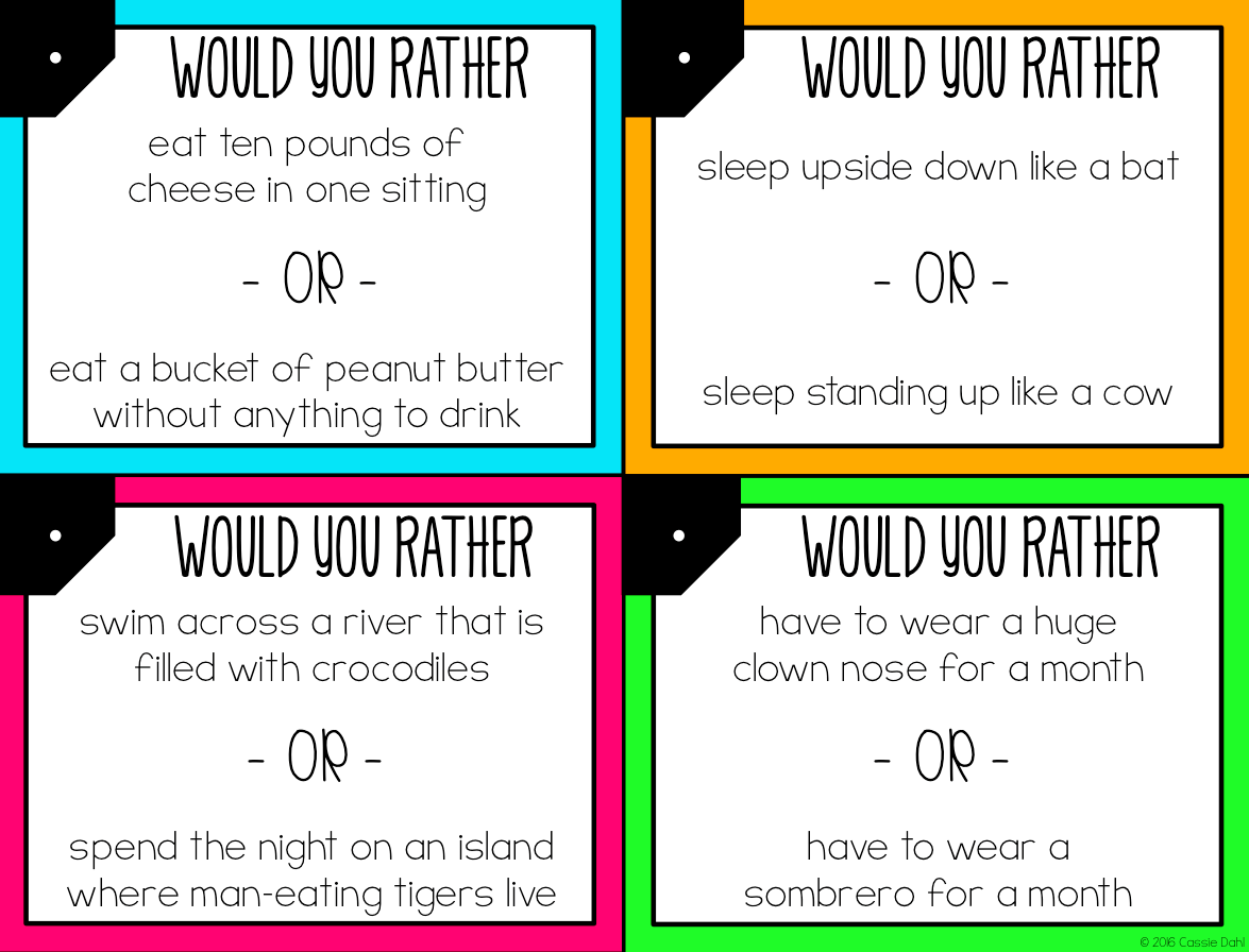 Would You Rather Questions - Writing Prompt Cards and Menus